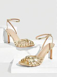 CUCCOO SZL Sandal Wanita Modis Berwarna Putih Transparan PVC Bening dengan Hak Kristal, Sandal Hak Sedang Ujung Persegi untuk Perjalanan, Kencan, Pesta, Liburan, Pernikahan, Sepatu Musim Semi dan Musim Panas - Emas 121 - View 3