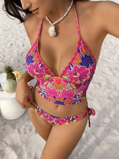 Swim Vcay 여성 여름 해변 캐주얼 열대 휴가 꽃 & 새 프린트 홀터넥 비키니 세트, 조절 가능한 타이 사이드 하의, 투피스 수영복, 봄 방학, 개학, 맥주 축제, 음악 축제, 휴일, 해변 휴가에 적합