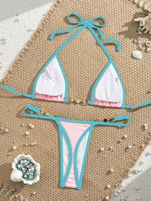 Swim Mod Bãi biển mùa hè Binding Trim Pearl Decor Chuỗi liên kết Halter Micro Bra Bikini - Màu Hồng baby - Xem 3