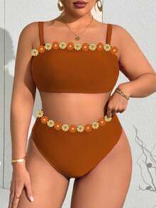 Slaydiva Plus Size Women Colorful Flower Decorated Swimsuit Top + High Waist Colorful Flower Decorated Bikini Bottom Swimsuit Set - Brown - View 3