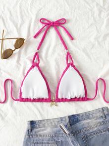 Swim Mod 新款加大码女士纯色挂脖修身休闲泳装上衣 - 玫紅色 - 查看 2