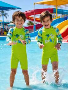 SHEIN Young Boy Palm Tree Letter Print Raglan Sleeve Swimsuit Set - Multicolor - View 5