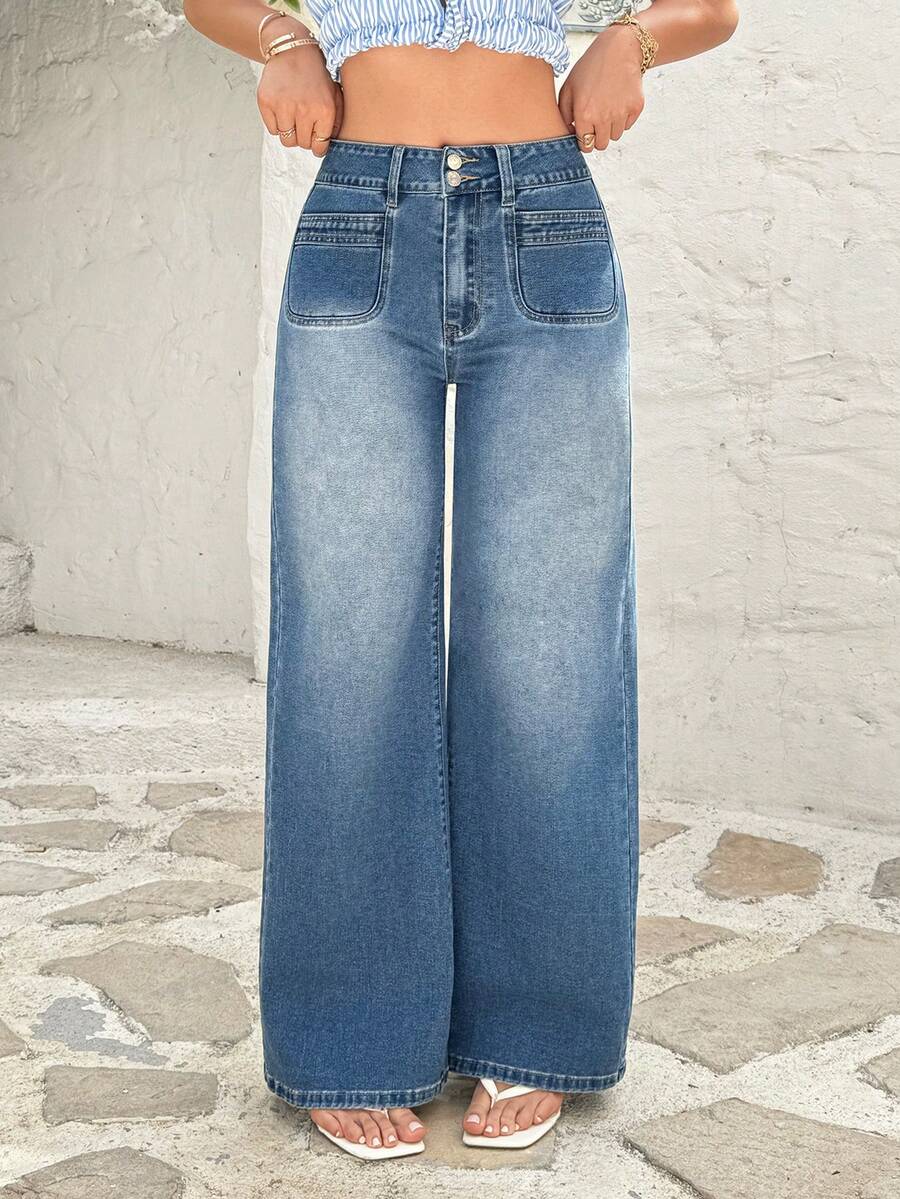 Rivivi Fashionable Casual Washed Straight Leg Jeans With Pockets - Medium Wash - View 1