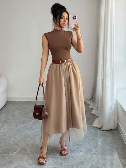 Rafferiza Women's Deep Khaki 2 Pieces Set, Elegant Commuter Sleeveless Turtleneck Stretchy Top And Midi Mesh Skirt