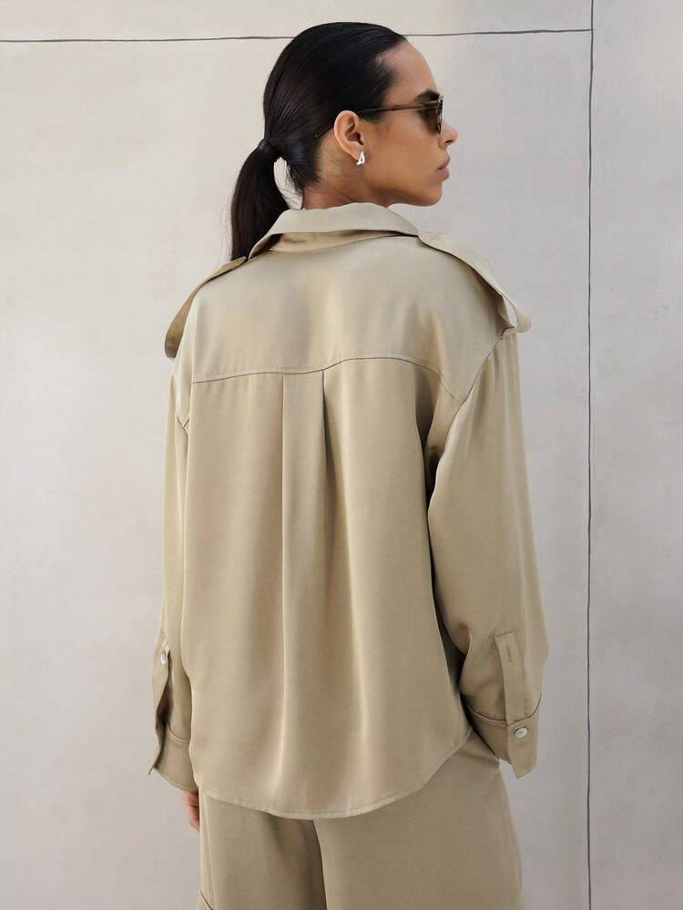 KSTM Women's Satin Utility Button Down Shirt Long Sleeve Collared Blouse Casual Office Wear Fall Winter Elegant Professional Top