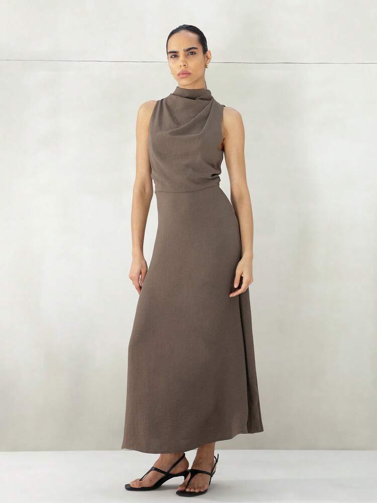 KSTM Women's High Mock Neck Long Maxi Dress Sleeveless Taupe Brown Bodycon Fitted Column Evening Formal Minimalist Elegant Fall Winter
