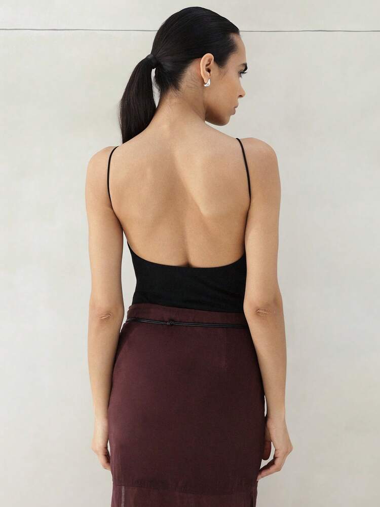 KSTM Women's Sleeveless Black Bodysuit With Open Back Design And Thin Straps For Evening Occasions