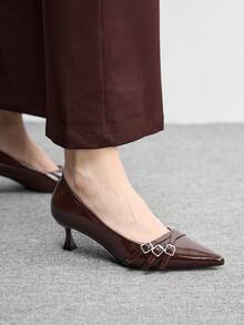 CUCCOO BIZCHIC Giày nữ, giày cao gót mũi nhọn cho nữ, phối nhiều sọc nâu, kiểu dáng thấp cổ, phù hợp đi làm hàng ngày, giày lười cao gót nữ. - Cà phê nâu - Xem 7