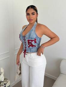 Maria Perezxox 女士 Y2K 复古运动芭蕾风图案刺绣抽绳低腰性感露脐牛仔上衣 - 淺藍色 - 查看 5