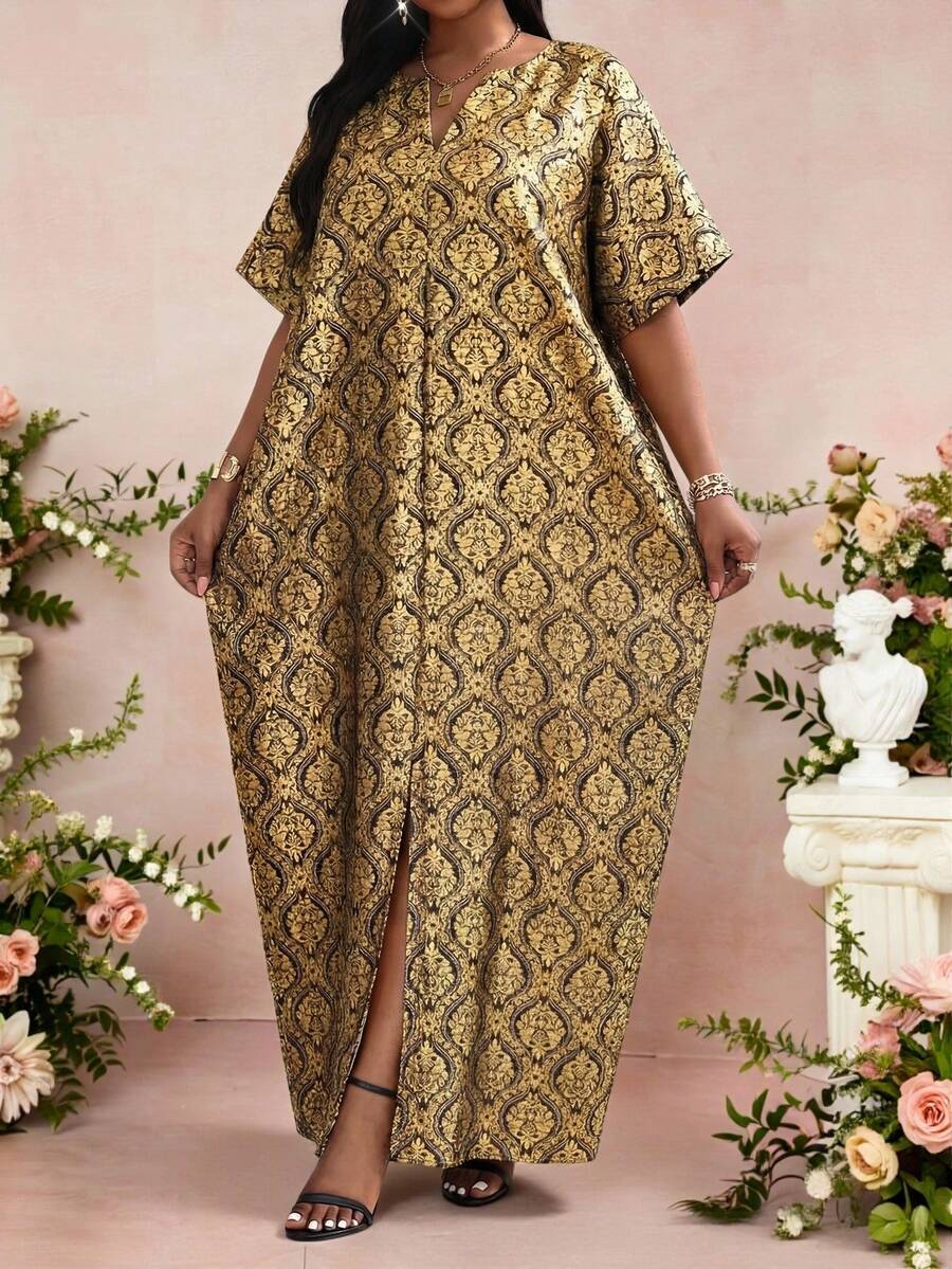 Fleurora 大码女式V领印花开衩休闲宽松度假连衣裙 - 彩色 - 查看 1