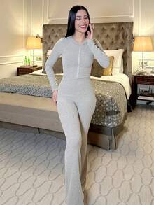 hhfernanda 女式休闲前拉链中下摆厚连帽连体裤，秋冬 - 杏色 - 查看 6