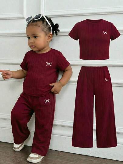 SHEIN 2pcs Baby Girl Casual Comfortable Round Neck Short Sleeve T-Shirt And Pants Set