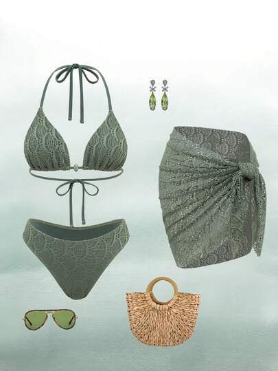 Swim Oasis Women's Solid Color Textured Swimsuit Set For Vacation & Beach