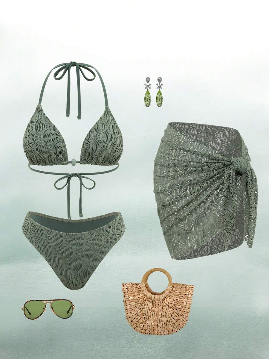 Swim Oasis Women's Solid Color Textured Swimwear Set For Vacation & Beach - Green - View 1
