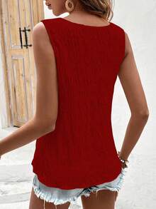 Breezaya 度假休闲纯色蕾丝拼接无袖衬衫 - 紅色 - 查看 2