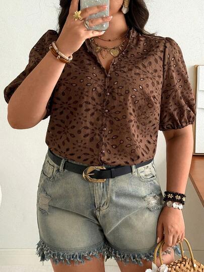 Ceyna Plus Size Women Floral Embroidery Short Petal Sleeve Single-Breasted Casual Shirt