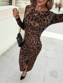 Editum Women Elegant Leopard Print Bodycon Ruched Slit Midi Dressfall/Winter Elegant Halloween New Year Spring Summer Elegant Leopard - Multicolor - View 5