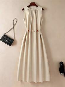 Franclia Women's French Elegant Vacation Tie-Waist Flared Dress - Apricot - View 2