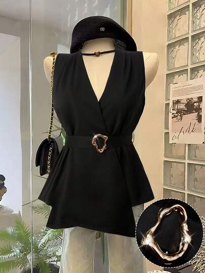 Franclia Elegante chaleco minimalista de oficina para ir al trabajo con escote en V sin mangas, decorado con hebilla metálica y cinturón, talla grande