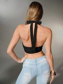 Nuvra Casual Sexy Black Metallic Bandage Halter Backless Tank Top For Women - Black - View 2