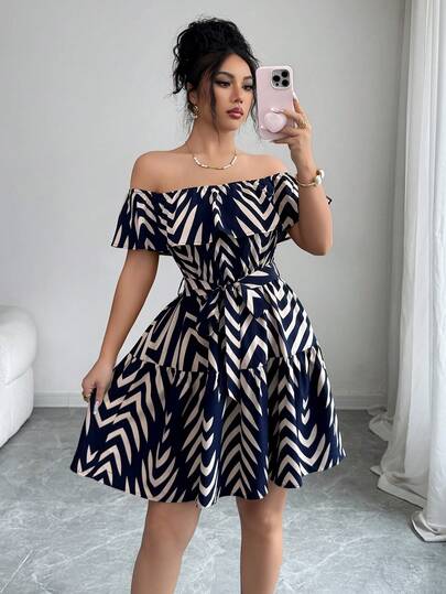 Elenzga Navy Blue Striped Print Off Shoulder Ruffle Waist Flared Casual Vacation Elegant Dress, Suitable For Carnival, Labor Day, Easter, Back To School, Beach, Travel, Garden, Street Style In Summer