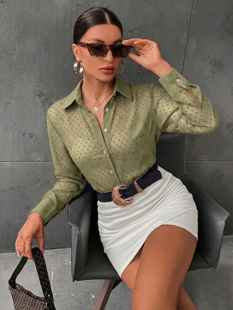 Aveloria Modichic Button Front Sheer Shirt Without Bra Workwear Elegant Business Casual Women Button Up Shirt Women  - Green - View 1