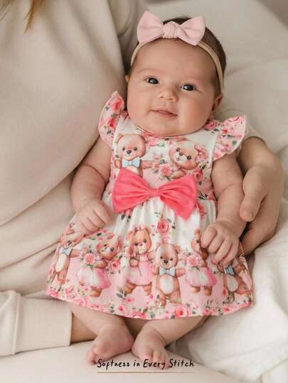 SHEIN 新生儿可爱粉色小熊印花腰带蝴蝶结A字连衣裙，甜美可爱