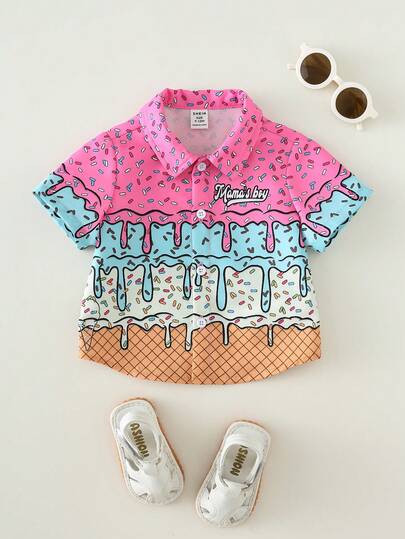 SHEIN 男女宝宝春夏休闲可爱冰淇淋印花短袖衬衫上衣，搭配夏威夷风情短裙，短袖上衣
