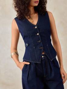 SHEIN Dark Washed Denim Fitted Vest And Wide Leg A Line Jean Set 2 Pieces Denim Sets Woman Suit Denim Outfit Women - Dark Wash - View 2