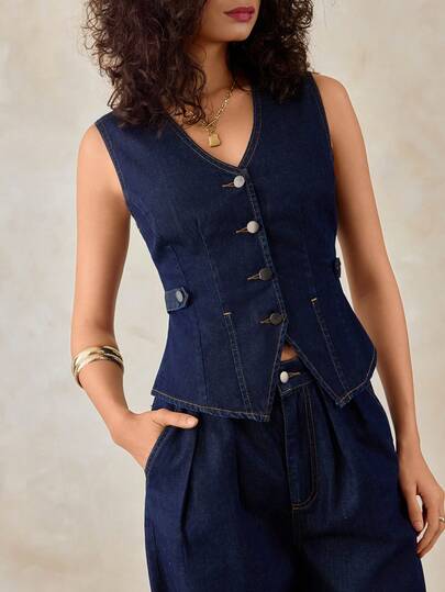 SHEIN Dark Washed Denim Fitted Vest And Wide Leg A Line Jean Set 2 Pieces Denim Sets Woman Suit Denim Outfit Women