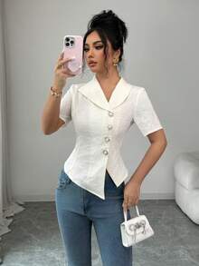 Elenzga Women's Textured Fabric Elegant Blouse, Suitable For Dates, Afternoon Tea, Graduation, Commuting - Apricot - View 3