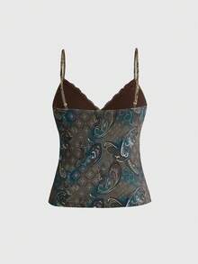 ROMWE Country Plus Size Vintage Hippie Paisley Floral Patchwork Fabric Waist Cinched Camisole - Brown - View 3