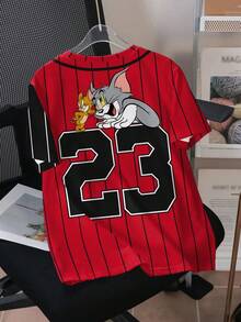 TOM & JERRY X SHEIN 青少年男童条纹卡通图案撞色圆领短袖T恤 - 白色 - 查看 2