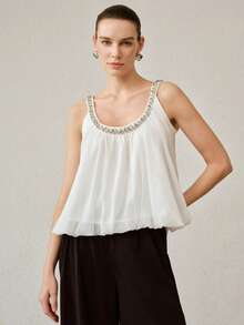 MOTF PREMIUM WOMEN'S ELEGANT CASUAL VACATION RHINESTONE CAMISOLE TOP - White - View 5