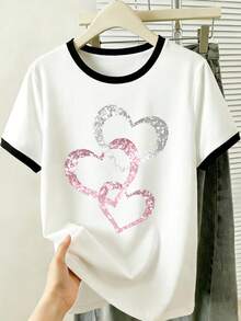 Resyla 心形图案极简主义女式圆领短袖T恤 - 彩色 - 查看 1
