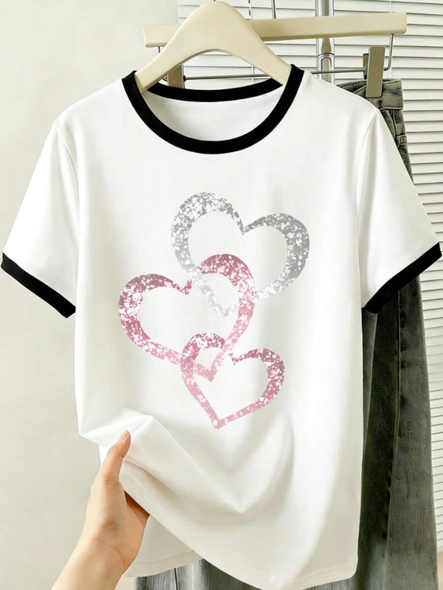 Resyla 心形图案极简主义女式圆领短袖T恤 - 彩色 - 查看 1