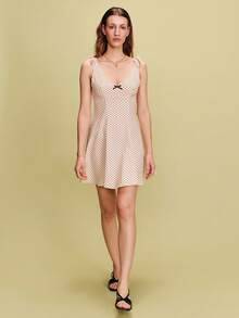 lacRébo 波点A字迷你连衣裙，扇形领口，后背系带设计，复古风，春夏法式巴黎风情 - 黃色 - 查看 4