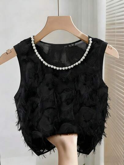 Franclia Women's Elegant Pearl Round Neck Black Hollowed-Out Vest Shirt For Spring And Summer, Black Top, Women's Commuting Outfit, Women's Office Outfit, Social Top/Workplace Top, Summer Holiday Outfit, Women's Casual Top, Women's Elegant Top, Graduation Ceremony Mother's Outfit, Easter, Wedding And Event, Women's Beach Outfit, Party Top, Summer Outfit, Summer Top.Graduation Season Attire, Fashionable Casual Commuter Wear, Business Office Wear, Versatile And Stylish Everyday Casual Wear, Urban Teacher's Professional Attire