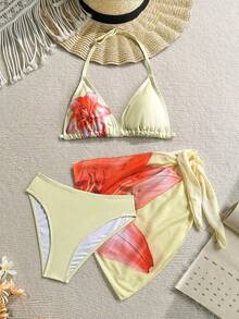 SHEIN Bộ bikini hai mảnh in hoa dành cho bé gái tuổi teen, kiểu yếm, kèm váy sarong cùng màu, thích hợp cho kỳ nghỉ biển. - Màu vàng - Xem 3