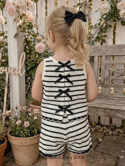 Cozy Pixies Baby Girl Striped Pattern Contrast Ruffle Trim Sleeveless Top And Elastic Waist Shorts 2-Piece Set