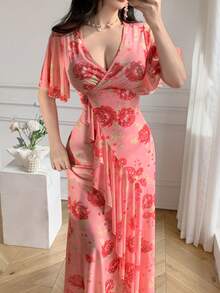 Celisse 女士V领印花弹力腰荷叶边下摆修身优雅连衣裙 - 粉色 - 查看 6