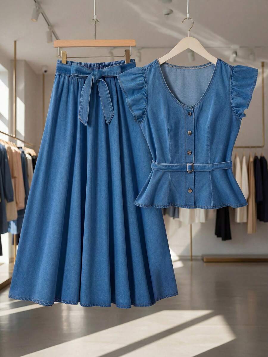 GlowEve Women's Knotted Pleated Casual Versatile Denim Mini Skirt For Daily Wear - Medium Wash - View 1