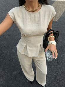 SHEIN EZwear 女士休闲、度假、日常通勤简约纯色褶裥腰部短袖上衣和阔腿裤套装，春夏秋季 - 卡其色 - 查看 3