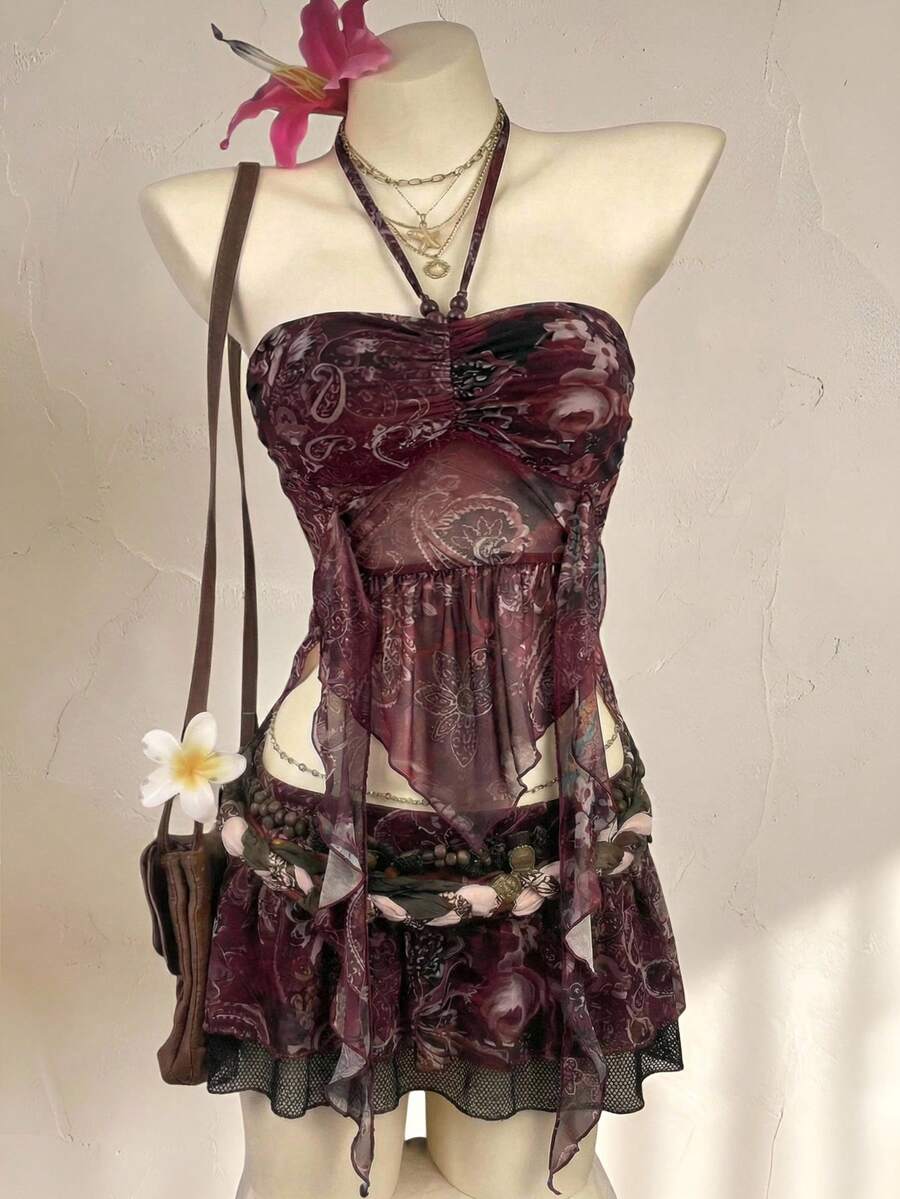 Attitoon Burgundy Summer Paisley Printed Knit Mesh Beaded Spaghetti Strap Camisole Top,Boho Women's Vacation Corset Gothic Top,Festival Chic Daily Wear Tops - Coffee Brown - View 1