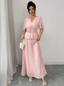 Elenzga Elegant And Sophisticated V-Neck Pleated Dress With A Three-Dimensional Floral Belt That Cinching The Waist And Creating A Slimming Effect. - Pink - View 6