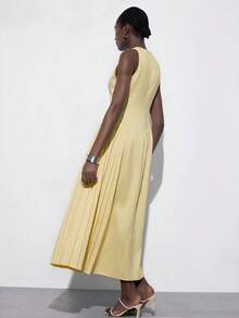 Aveloria Modichic 米黄色无袖女式连衣裙，简约A字廓形，腰部收紧，臀部褶裥设计，优雅的办公室及休闲长裙 - 黃色 - 查看 2