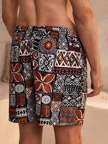 Manfinity Swimmode 男士几何图案抽绳腰带沙滩短裤 - 咖啡棕 - 查看 4