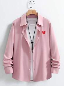 Manfinity Mode Camisa masculina de manga comprida casual com bordado de coração e botões frontais para o verão. - Rosa - Ver 3