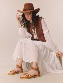 Styleloop 铆钉罗马凉鞋 女士春夏新款波西米亚性感编织交叉带旅行女鞋，春夏户外度假海滩休闲 - 棕色 - 查看 6