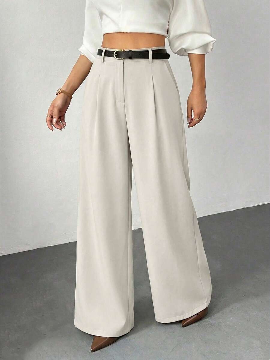 SHEIN PETITE Quần ống rộng màu đen trơn dành cho nữ, có thắt lưng, kiểu dáng thường ngày, phù hợp với người nhỏ nhắn. - Màu be - Xem 1